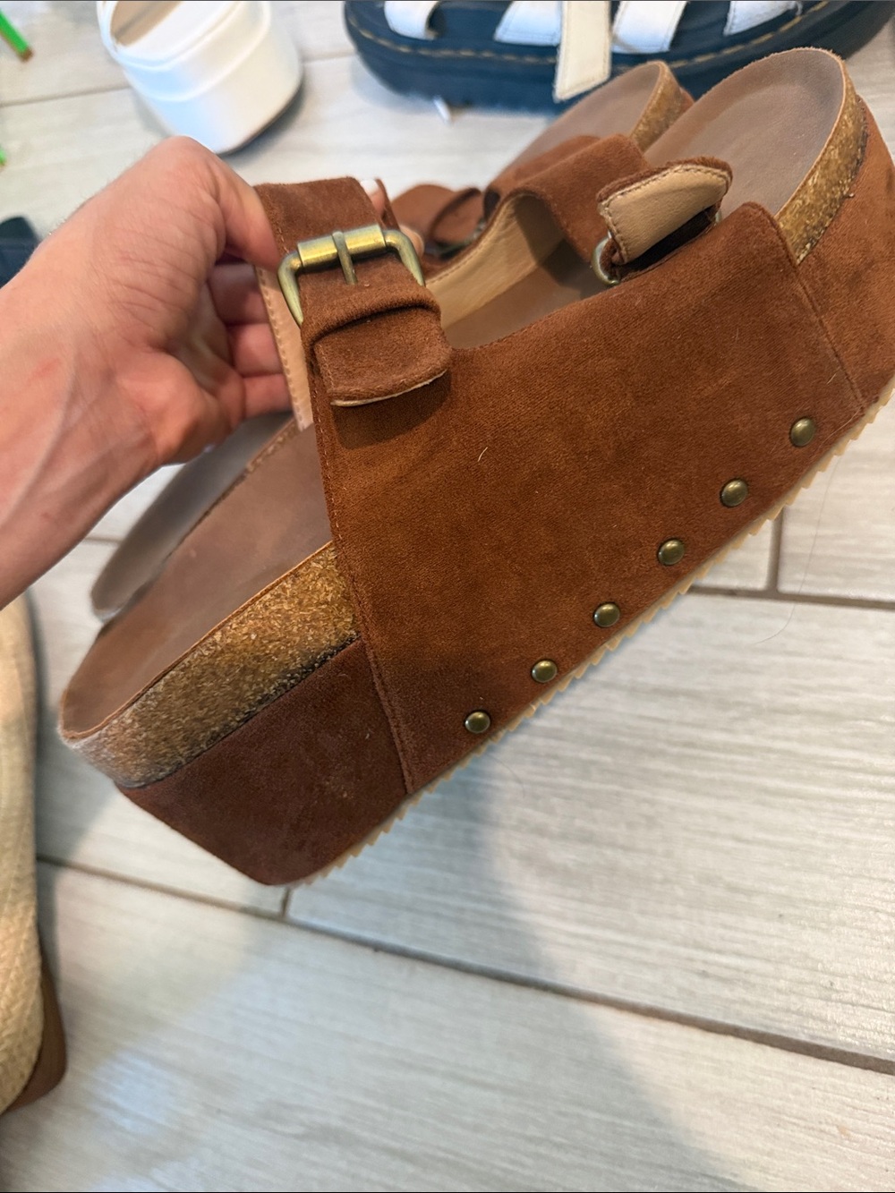 Tan Suede Double-Buckle cork Slide platform Sandal - Picture 4 of 9